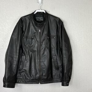 Vintage Cafe Leather Racer Jacket Mod Band Collar Biker Moto Black Size XXL